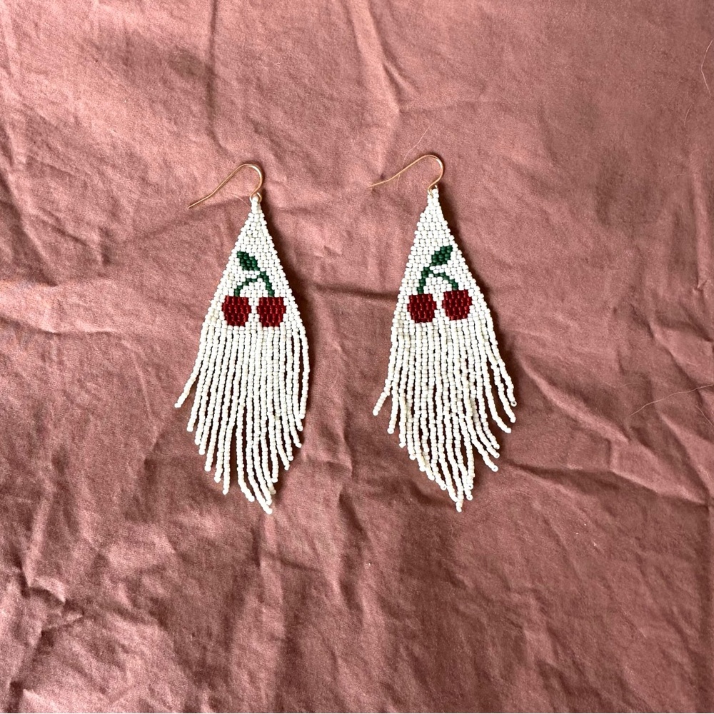 Cherry Hand Woven Seed Bead Boho Fringe Earrings in Off White